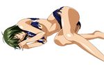  antenna_hair ass bangs barefoot breasts closed_eyes green_hair ikkitousen kyocho_chuukou large_breasts legs lowres lying midriff no_bra on_side shirt short_hair simple_background sleeping sleeveless sleeveless_shirt solo sportswear torn_clothes underboob uniform volleyball_uniform 