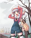  2010 bad_id bad_pixiv_id brown_hair copyright_name hat hat_ribbon kotone_(pokemon) overalls pokegear pokemon pokemon_(game) pokemon_hgss pose ranshao red_ribbon ribbon short_twintails solo thighhighs twintails 