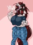  ambiguous_species anthro bulge clothed clothing cup dickgirl eyes_closed horn intersex limebreaker open_mouth solo standing wide_hips yawn 