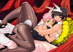  animal_ears bad_id bad_pixiv_id black_hair breast_press breasts bunny_ears bunny_girl bunny_tail bunnysuit frilled_pillow frills green_eyes high_heels kajiyama_hiroshi legs leotard lying medium_breasts multiple_girls original pantyhose pillow pink_hair purple_eyes shiny shoes short_hair tail wrist_cuffs 