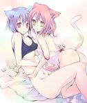 :&lt; animal_ears areolae ass bad_id bad_pixiv_id bed blue_hair bottomless breasts cat_ears cat_tail covered_nipples gucchiann highres medium_breasts multiple_girls navel original red_eyes red_hair short_hair small_breasts strap_slip tail underboob yellow_eyes yuri 