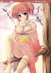  absurdres blue_eyes breasts brown_hair cleavage copyright_request flower hazumi_rio highres japanese_clothes kimono medium_breasts non-web_source ribbon solo source_request tree 