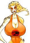  blonde_hair breasts cheetara female hexamous huge_breasts large_breasts lipstick nipples open_mouth plain_background pointy_ears red_eyes smile solo swimsuit thundercats tongue tongue_out white_background 