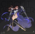  1girl bangs black_eyes bodysuit breasts brown_hair cloak eyebrows_visible_through_hair from_below highres large_breasts lips long_hair looking_at_viewer love_cacao mecha_musume mechanical_arm mechanical_legs open_mouth original prosthesis shield solo sword thighs weapon 