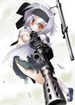  black_hairband blush breasts cleavage foreshortening gun hairband konpaku_youmu medium_breasts nanaroku_(fortress76) open_clothes open_shirt orange_eyes shirt short_hair silver_hair solo torn_clothes touhou weapon 