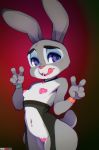  &lt;3 5_fingers anthro breasts clothed clothing disney double_v_sign doxy eyeshadow female fur grey_fur hi_res jewelry judy_hopps lagomorph licking licking_lips makeup mammal mostly_nude navel navel_piercing necklace pasties piercing prismblush purple_eyes pussy rabbit simple_background skimpy small_breasts smile solo tongue tongue_out url v_sign zootopia 