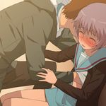  1girl a1 blush brown_hair cardigan closed_eyes couple glasses groping hand_under_clothes hand_under_shirt hetero kita_high_school_uniform kyon nagato_yuki purple_hair school_uniform shirt short_hair suzumiya_haruhi_no_shoushitsu suzumiya_haruhi_no_yuuutsu 