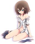  baka_to_test_to_shoukanjuu barefoot brown_hair green_eyes hair_ornament hairclip highres kinoshita_hideyoshi male_focus navel necktie off_shoulder otoko_no_ko smile solo takunama undressing 