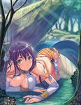  breast_slip breasts bridal_gauntlets bubuzuke eyelashes frog game_cg green_eyes jewelry lamia lamia_hygieia large_breasts lying mamonomusume_to_no_seikatsu mamonomusume_to_no_seikatsu_~ramia_no_baai~ monster_girl nature nipples one_breast_out purple_hair scales snake solo staring twintails wardrobe_malfunction water wet 