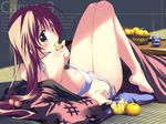  barefoot bikini breasts canvas_3 chigusa_nanami cleavage eating food fruit highres japanese_clothes kimono kotatsu kurashima_tomoyasu looking_back mandarin_orange medium_breasts mouth_hold navel side-tie_bikini solo swimsuit table wallpaper 