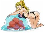  alien between_breasts bikini black_bikini blonde_hair blue_eyes breast_press breasts fang large_breasts metroid metroid_(creature) michael ponytail samus_aran side-tie_bikini swimsuit 