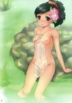  absurdres black_hair breasts brown_eyes cameltoe comb flat_chest flower hair_flower hair_ornament highres hitodama izuna_jinkuro momohime nipples nude oboro_muramasa onsen ooji pussy see-through sitting smile towel uncensored water 