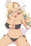  1girl almeida_(granblue_fantasy) arm_support bangs bare_shoulders blonde_hair blush breasts cleavage dark_skin draph eyepatch_bikini granblue_fantasy hair_ornament hat high_heels horns kichihachi large_breasts leaning_forward long_hair looking_at_viewer navel open_mouth pointy_ears shadow shiny shiny_skin simple_background solo sweat twintails very_long_hair white_background white_hat 