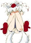  animal_ears bare_shoulders blush closed_eyes geta hat have_to_pee highres inubashiri_momiji legs narumiya one-piece_swimsuit school_swimsuit short_hair solo sweat swimsuit tail tears tengu-geta tokin_hat touhou trembling white_hair wolf_ears wolf_tail 