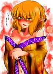  bare_shoulders blonde_hair blush breasts cleavage green_eyes highres large_breasts lipstick makeup mizuhashi_parsee navel pointy_ears roki_(hirokix) solo sweat touhou translated 