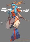  bad_id bad_pixiv_id bangs blue_hair blunt_bangs breasts cleavage dark_skin full_body grey_background holding holding_weapon long_hair looking_at_viewer mazingkaizer mecha_musume medium_breasts personification puffy_short_sleeves puffy_sleeves raideen_(mecha) raideen_(series) red_eyes short_sleeves simple_background solo weapon yuusha_raideen 