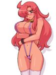  areola areolae artist_request bangs blush brown_eyes cameltoe collar dark_skin grey_legwear grey_thighhighs hair_over_one_eye kirche_augusta_frederica_von_anhalt_zerbst long_hair nipples open_mouth purple_swimsuit red_hair sling_bikini swimsuit thighhighs zero_no_tsukaima zerohime 