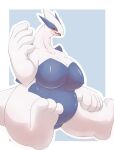  absurd_res anthro biped blue_body blush breasts female generation_2_pokemon hi_res legendary_pokemon looking_at_viewer lugia nintendo nipples pokemon pokemon_(species) red_eyes shiryujack08 simple_background sitting sitting_on_ground slightly_chubby solo tomochan white_body 