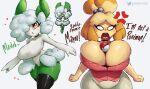  2023 animal_crossing anthro big_breasts breasts canid canine canis clothing dialogue digital_media_(artwork) domestic_dog duo english_text female fingers gammainks generation_3_pokemon hi_res huge_breasts isabelle_(animal_crossing) kirlia mammal nintendo open_mouth pokeball pokemon pokemon_(species) shih_tzu text toy_dog 
