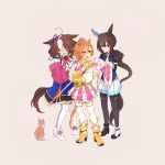  3girls admire_vega_(umamusume) ahoge armor asymmetrical_footwear black_pantyhose black_shirt blue_jacket boots brown_hair cane cape cat crown dressing_another full_body hairband high_heel_boots high_heels highres holding holding_cane holding_cape holding_clothes jacket long_hair long_sleeves looking_at_another low_ponytail mini_crown multicolored_hair multiple_girls nanaheibei_3 narita_top_road_(umamusume) necktie open_mouth orange_hair pantyhose purple_eyes shirt short_hair shoulder_armor simple_background skirt smile standing t.m._opera_o_(umamusume) thigh_strap thighhighs two-tone_hair umamusume white_necktie white_pantyhose white_shirt white_skirt white_thighhighs 