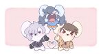  anabel_(pokemon) animal_ears blush brown_hair closed_eyes commentary_request cosplay emma_(pokemon) emma_(pokemon)_(cosplay) gloves heart_tail_duo looker_(pokemon) looker_(pokemon)_(cosplay) looking_at_viewer maushold mouse_ears necktie open_mouth pokemon pokemon_(game) pokemon_sm pokemon_xy purple_hair standing tail twintails v-shaped_eyebrows vergolophus 