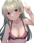  1girl bra breasts cleavage commentary_request commission green_eyes green_hair hair_ornament hairclip highres kantai_collection leaning_forward long_hair medium_breasts purple_bra shirasumato simple_background skeb_commission solo suzuya_(kancolle) underwear underwear_only upper_body v white_background 