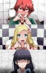  3girls aizawa_tomo astraea_(atelierastraea) black_hair blonde_hair blush blush_stickers bow bowtie carol_olston collared_shirt expressionless green_eyes grey_eyes gundou_misuzu hair_bow hairband highres long_hair multiple_girls necktie open_mouth red_eyes red_hair saliva shirt short_hair toilet toilet_paper toilet_stall tomo-chan_wa_onna_no_ko tongue tongue_out upper_body white_shirt 