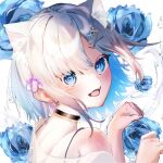  1girl animal_ears bangs black_choker blue_eyes blue_flower blue_rose blush bubble cat_ears choker close-up fang flower grey_hair hair_between_eyes hair_flower hair_ornament hairclip highres iruru1 kaga_sumire looking_at_viewer looking_back lupinus_virtual_games off-shoulder_shirt off_shoulder open_mouth paw_pose ringed_eyes rose see-through see-through_shirt shirt sidelocks smile solo upper_body violet_(flower) virtual_youtuber vspo! water white_background x_hair_ornament 