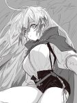  1girl an_fyhx arknights blush breasts cape closed_mouth cowboy_shot fartooth_(arknights) greyscale high-waist_shorts highres large_breasts long_hair long_sleeves looking_at_viewer monochrome short_shorts shorts solo suspender_shorts suspenders thighs very_long_hair 