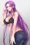  1girl bra denim fate/stay_night fate_(series) forehead glasses gradient_background highres jeans long_hair looking_at_viewer medusa_(fate) medusa_(rider)_(fate) mkm_0610 nail_polish pants purple_eyes purple_hair purple_nails simple_background solo underwear 