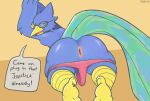  anthro anus avian berdly bird butt cellcone clothed clothing deltarune dialogue digital_drawing_(artwork) digital_media_(artwork) english_text eyewear galliform glasses looking_back male panties panties_down partially_clothed peafowl phasianid presenting presenting_anus presenting_hindquarters signature solo speech_bubble talons text undertale_(series) underwear underwear_down 