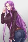  1girl denim fate/stay_night fate_(series) forehead glasses gradient_background highres jeans long_hair looking_at_viewer medusa_(fate) medusa_(rider)_(fate) mkm_0610 nail_polish pants purple_eyes purple_hair purple_nails simple_background solo sweater turtleneck turtleneck_sweater underwear 