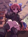  1girl bangs black_footwear black_shirt blue_bow bow collared_shirt commentary feet full_body hair_bow indoors isu_(is88) long_sleeves looking_at_viewer open_mouth red_eyes red_hair sekibanki shirt short_hair sitting soles solo touhou 