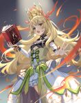  1girl absurdres al_guang bangs bare_shoulders blonde_hair book bow butterfly_hair_ornament celine_(fire_emblem) crown dress fire fire_emblem fire_emblem_engage flat_chest frilled_dress frills green_eyes hair_ornament highres holding holding_book long_hair looking_at_viewer magic princess smile solo very_long_hair 