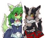  2girls animal_ears apron bangs black_fur blue_apron blush body_fur breasts cape cleavage cleavage_cutout closed_mouth clothing_cutout colored_sclera commentary crossed_arms dress earclip frilled_dress frilled_sleeves frills fur_collar furry furry_female green_fur green_hair grey_fur grey_hair hair_between_eyes hairband juliet_sleeves kame_(3t) loincloth long_hair long_sleeves looking_at_viewer maid maid_headdress medium_breasts medium_hair multiple_girls neck_ribbon no_nipples original outline own_hands_together puffy_sleeves red_cape red_eyes red_outline red_ribbon ribbon sidelocks simple_background slit_pupils standing tail tail_raised two-tone_fur v_arms waist_apron white_background white_fur white_hairband yellow_eyes yellow_sclera 