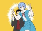  1boy 1girl ayanami_rei beard black_hair blue_hair closed_mouth double_v facial_hair glasses gloves igusaharu light_blue_hair looking_at_viewer neon_genesis_evangelion red_eyes school_uniform short_sleeves simple_background smile standing tokyo-3_middle_school_uniform v white_gloves yellow_background 