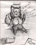  anthro areola big_breasts black_and_white bottomwear breasts camel_toe canid canine clothed clothing dialogue english_text female fluffy fluffy_tail fox genitals graphite_(artwork) greyscale headgear headphones hi_res hud looking_at_viewer mammal monochrome nipples paladins pants pencil_(artwork) salt_(paladins) simple_background sitting smile solo speech_bubble tail text tight_clothing topless traditional_media_(artwork) voy_barranca_abajo 