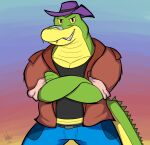  2023 alligator alligatorid anthro biped bottomwear brok_(character) brok_the_investigator buffmintoad clothing crocodilian green_body hat headgear headwear hi_res pants reptile scalie shirt solo topwear 