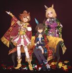 3girls admire_vega_(umamusume) animal_ears armor asymmetrical_footwear bikini black_pantyhose blonde_hair boots bow bowtie breasts brown_hair closed_mouth corset couch crown fingerless_gloves flower full_body gloves hand_on_hip hand_on_own_chest high_heel_boots high_heels highres horse_ears horse_girl horse_tail jacket jewelry long_hair long_sleeves medium_breasts mini_crown mismatched_footwear multiple_girls nanaheibei_3 narita_top_road_(umamusume) necktie off-shoulder_bikini off_shoulder open_mouth orange_eyes outstretched_arm pantyhose purple_eyes purple_jacket ring shirt short_hair shoulder_armor sitting small_breasts smile standing swimsuit t.m._opera_o_(umamusume) tail thighhighs two-tone_skirt umamusume white_gloves white_necktie white_shirt white_thighhighs 