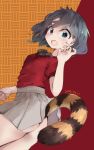  1girl :o adapted_costume aqua_eyes ass bangs bare_arms black_hair commentary_request dated highres kaban_(kemono_friends) kemono_friends looking_at_viewer nanana_(nanana_iz) open_mouth pleated_skirt red_shirt shirt short_hair short_sleeves skirt solo striped_tail tail wavy_mouth white_skirt 
