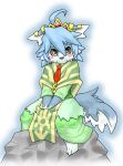 1girl ahoge animal_ears animal_feet animal_nose bangs barefoot blue_fur blue_hair blue_outline body_fur capelet closed_mouth commentary_request dated_commentary earclip flat_chest full_body furry furry_female gem green_shirt green_skirt grey_eyes hair_between_eyes happy kame_(3t) long_skirt long_sleeves looking_at_viewer necktie original outline own_hands_together partial_commentary red_gemstone red_necktie rock shirt short_hair sitting skirt smile solo split_mouth tail tiara two-tone_fur v_arms white_fur wolf_ears wolf_girl wolf_tail yellow_headwear 