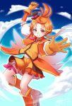  1boy boots commentary cure_wing earrings gloves grin hat hirogaru_sky!_precure jewelry magical_boy male_focus midriff mini_hat mini_top_hat orange_eyes orange_footwear orange_gloves orange_hair orange_shorts ponytail precure puffy_short_sleeves puffy_sleeves short_sleeves shorts smile solo top_hat wjfy4545 