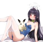  1girl absurdres animal_on_stomach arm_support ass bangs bare_shoulders black_hair blue_archive blue_leotard blunt_bangs blush bow bowtie breasts green_bow green_bowtie hairband halo highres leaning_back leg_up leotard long_hair looking_at_viewer medium_breasts miyu_(blue_archive) rabbit red_eyes solo somsomyeo strapless strapless_leotard sweat thighhighs very_long_hair white_hairband white_thighhighs 