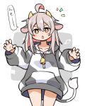  1girl :o ahoge alternate_costume animal_ears animal_print bangs bell blush brown_eyes collarbone colored_inner_hair commentary_request cow_ears cow_girl cow_horns cow_print cow_tail cowbell cowboy_shot grey_hair hair_between_eyes highres hood hood_down hoodie horns kemonomimi_mode kugelschreiber long_sleeves looking_at_viewer male-female_symbol multicolored_hair no_pants onii-chan_wa_oshimai! open_mouth oyama_mahiro pink_hair print_hoodie puffy_long_sleeves puffy_sleeves simple_background solo tail translated two-tone_hair 