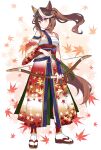  1girl animal_ears arrow_(projectile) autumn_leaves bangs bare_shoulders bow_(weapon) breasts brown_footwear brown_hair closed_mouth collarbone commentary_request floating_hair hadanugi_dousa hair_between_eyes holding holding_arrow holding_bow_(weapon) holding_weapon horse_ears horse_girl horse_tail leaf long_hair looking_away looking_to_the_side maple_leaf mauve medium_breasts multicolored_hair official_alternate_costume official_alternate_hairstyle ponytail purple_eyes sarashi smile socks solo streaked_hair symboli_rudolf_(archer_of_the_white_moon)_(umamusume) symboli_rudolf_(umamusume) tabi tail the_sounds_of_autumn_(umamusume) two-tone_hair umamusume very_long_hair weapon white_hair white_socks zouri 