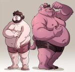  2023 anthro belly big_belly bulge clothing duo human humanoid_hands male mammal monster moobs navel nipples overweight overweight_male reversejv simple_background solo underwear 