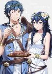  1boy 1girl ameno_(a_meno0) armlet armor bangs bare_shoulders blue_eyes blue_hair blue_jacket blush breasts chrom_(fire_emblem) chrom_(valentine)_(fire_emblem) cleavage closed_eyes collarbone dress eating english_text father_and_daughter fire_emblem fire_emblem_awakening fire_emblem_heroes flower food fork grey_background hair_between_eyes happy_valentine head_wreath highres holding holding_fork jacket long_hair looking_at_another lucina_(fire_emblem) lucina_(valentine)_(fire_emblem) meat official_alternate_costume open_clothes open_jacket shirt short_hair shoulder_armor simple_background sleeveless sleeveless_dress sleeveless_jacket small_breasts smile white_dress white_flower white_shirt 