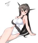  1girl absurdres black_hair breasts collarbone competition_swimsuit headgear highres kantai_collection large_breasts long_hair maru_(marg0613) nagato_(kancolle) one-hour_drawing_challenge one-piece_swimsuit red_eyes simple_background sitting solo swimsuit two-tone_swimsuit white_background white_one-piece_swimsuit yokozuwari 