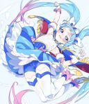  1girl ahoge arm_up armpits bike_shorts blue_cape blue_dress blue_eyes blue_hair blue_shorts blush cape covered_nipples cure_sky detached_sleeves dress earr erect_clitoris fingerless_gloves frilled_dress frills gloves gradient_hair highres hirogaru_sky!_precure long_hair looking_at_viewer magical_girl multicolored_cape multicolored_clothes multicolored_hair niko_(tama) open_mouth petticoat pink_hair precure puffy_detached_sleeves puffy_sleeves red_cape shoes shorts solo sora_harewataru striped striped_dress thighhighs twintails vertical-striped_dress vertical_stripes very_long_hair white_gloves white_thighhighs 