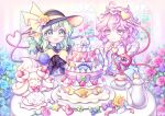  2girls :d alcremie alcremie_(ruby_cream) alcremie_(strawberry_sweet) apron black_headwear blue_flower blue_rose blueberry blush bow bowtie buttons cake candy closed_mouth clover commentary commission cup diamond_button flower food fork frilled_hairband frilled_shirt_collar frilled_sleeves frills fruit green_eyes green_hair hair_ornament hairband hand_on_own_chin hand_up hands_up hat hat_bow hat_flower heart heart_button heart_hair_ornament heart_in_eye heart_of_string holding holding_fork indoors komeiji_koishi komeiji_satori leaf long_hair long_sleeves looking_at_food messy_hair miy_001 multiple_girls open_mouth pink_eyes pink_hair plate pokemon pokemon_(creature) purple_flower purple_rose red_bow red_bowtie red_flower red_hairband red_rose ribbon_trim rose saucer shirt short_hair siblings sisters skeb_commission sleeves_past_fingers sleeves_past_wrists smile sparkling_eyes star_(symbol) symbol_in_eye teacup teapot third_eye touhou wavy_hair white_apron wide_sleeves window yellow_bow yellow_flower yellow_rose yellow_shirt 